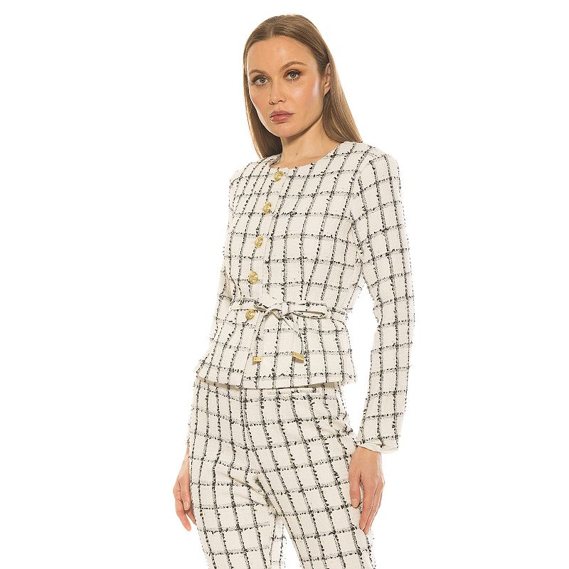 Womens ALEXIA ADMOR Arjun Long Sleeve Jacket with Waist Tie, Size: 4, Ivory Plaid